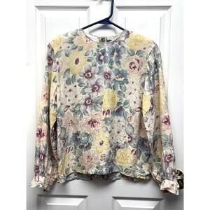 Liz Claiborne Petite Blouse Vintage Silk Floral Top Shoulder Pads Women’s Size 4